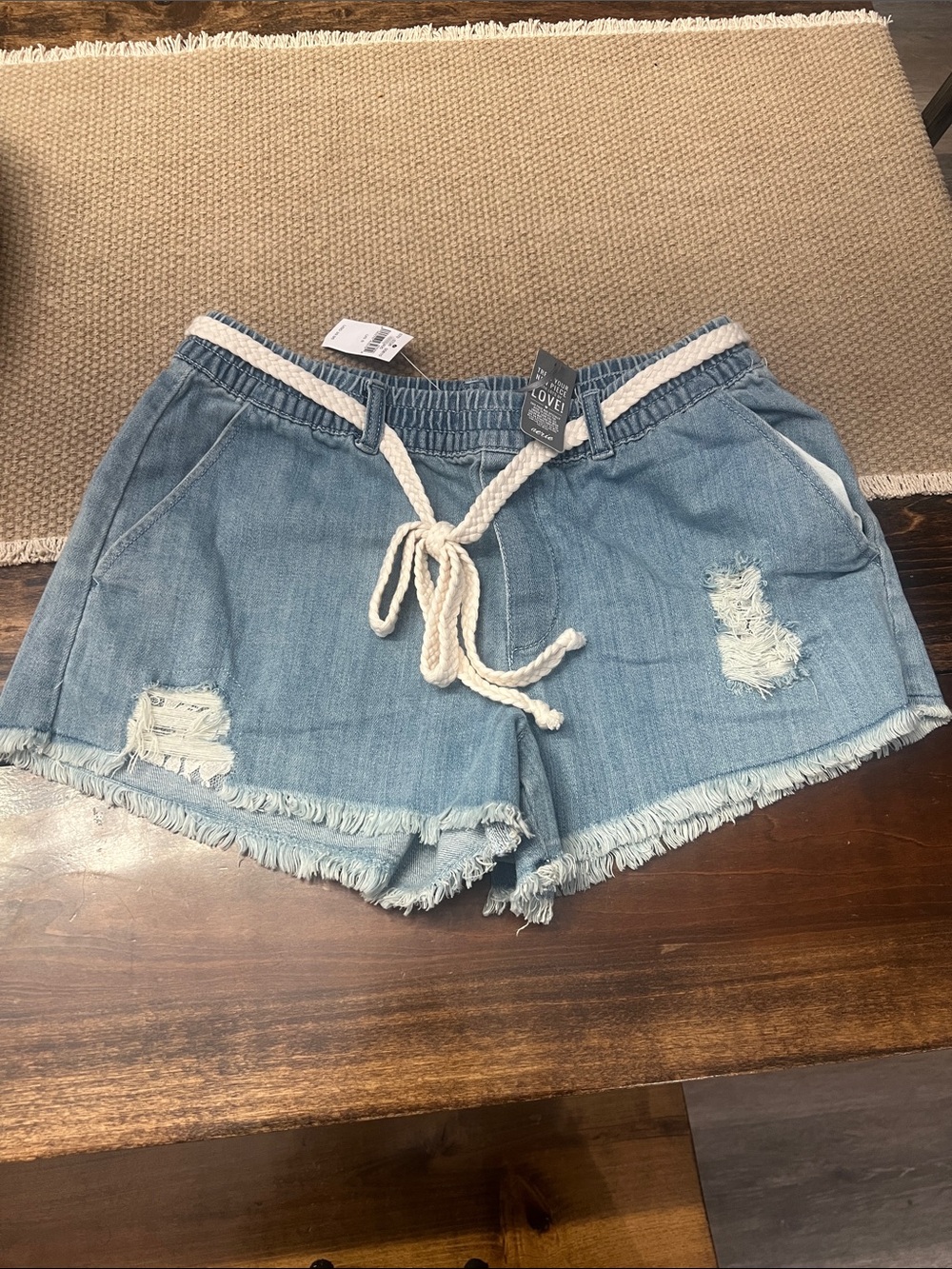 aerie Light Blue Distressed Denim Shorts with Rope Tie